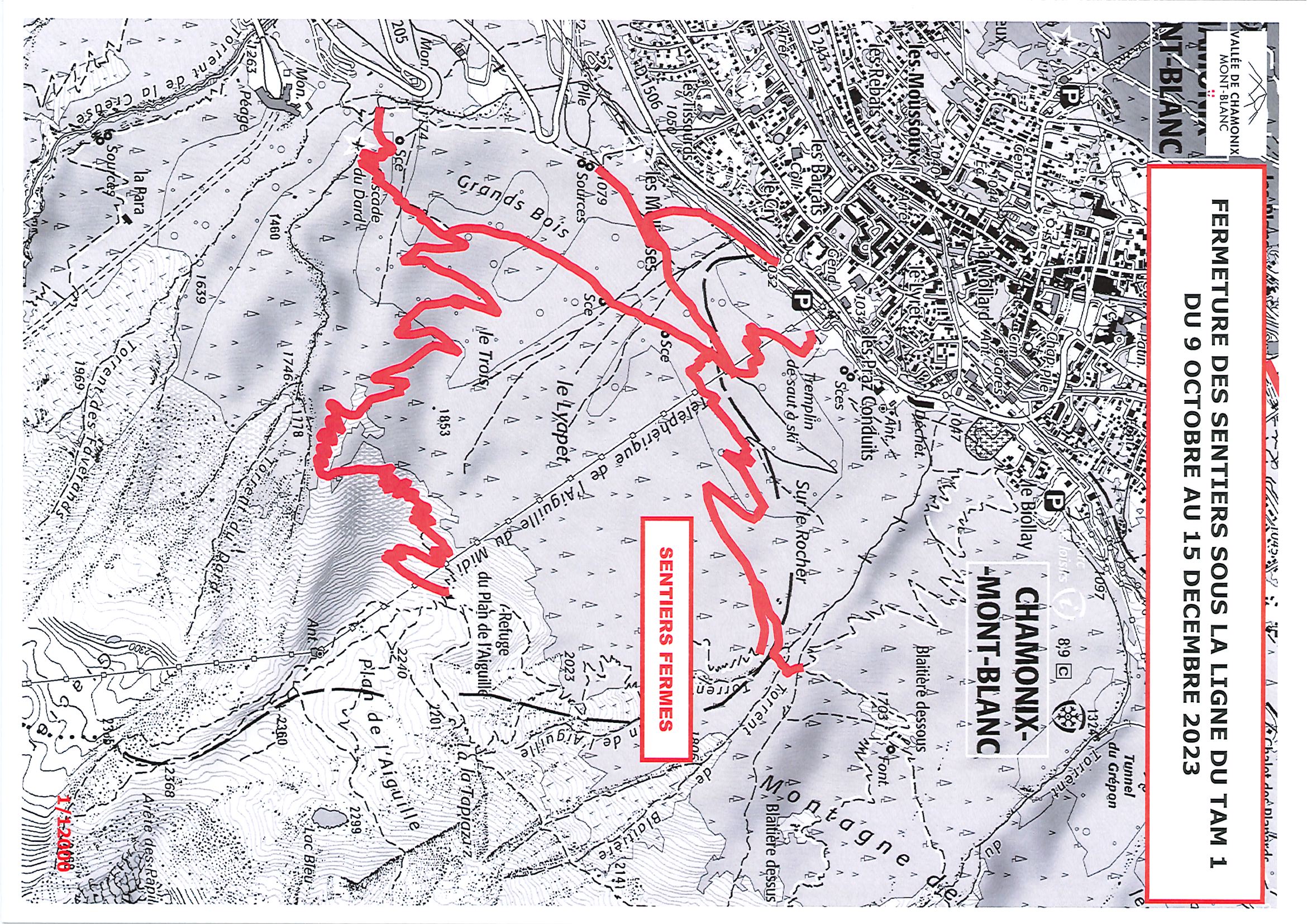 Fermeture des sentiers sous la ligne du 1er tronçon de l'aiguille du Midi du 09 octobre au 15 décembre 2023