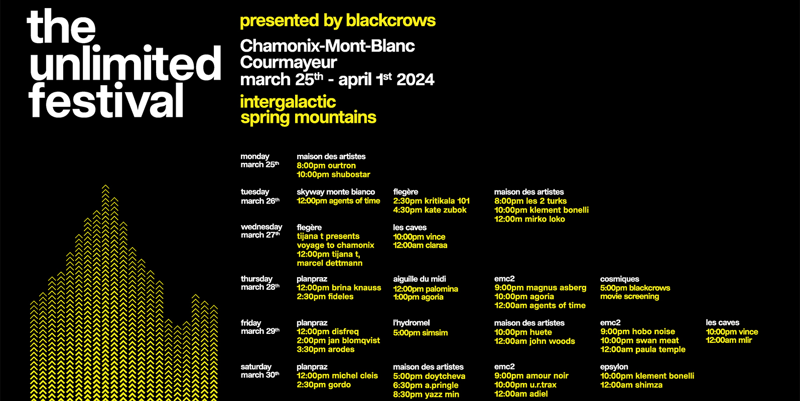The Unlimited Festival 2024 du lundi 25 mars au lundi 1er avril 2024 à Chamonix-Mont-Blanc.